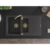 Mexen Matias Granitspüle 1,5 Becken mit Abtropffläche 900 x 505 mm, schwarz gesprenkelt, goldener Siphon - 6502901505-76-G