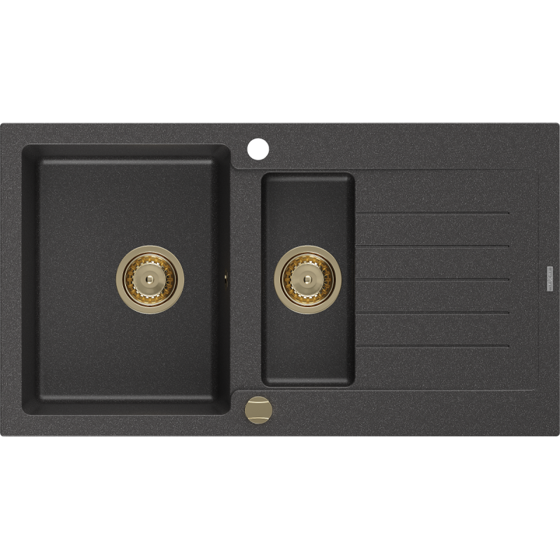 Mexen Matias granitspüle 1,5-becken mit abtropffläche 900 x 505 mm, schwarz gesprenkelt, siphon gold - 6502901505-76-G