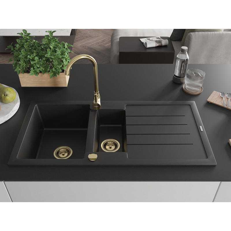 Mexen Andres Granitspüle 1,5-beckig mit Abtropffläche 1000 x 500 mm schwarz, Siphon gold - 6515101510-77-G