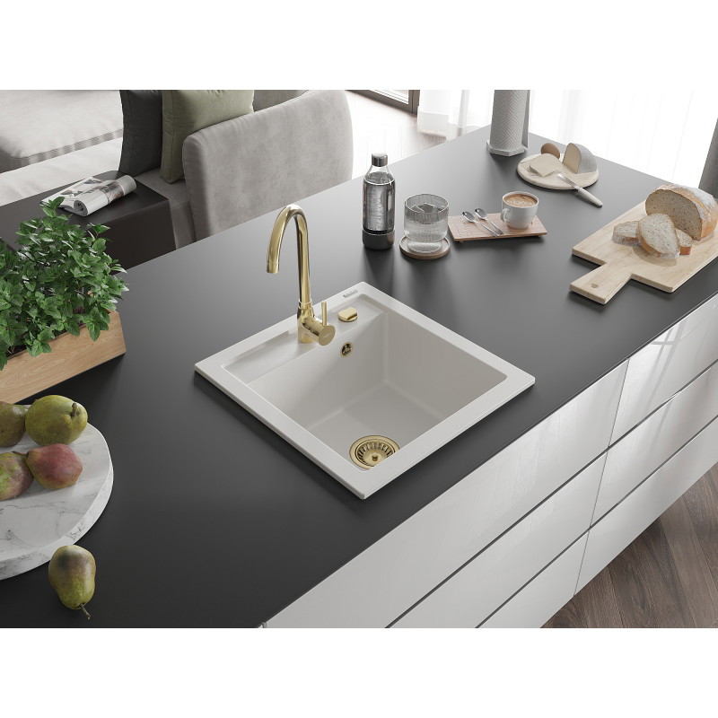 Mexen Vito Granitspüle 1-beckig 520 x 490 mm, weiß, Siphon gold - 6503521000-20-G