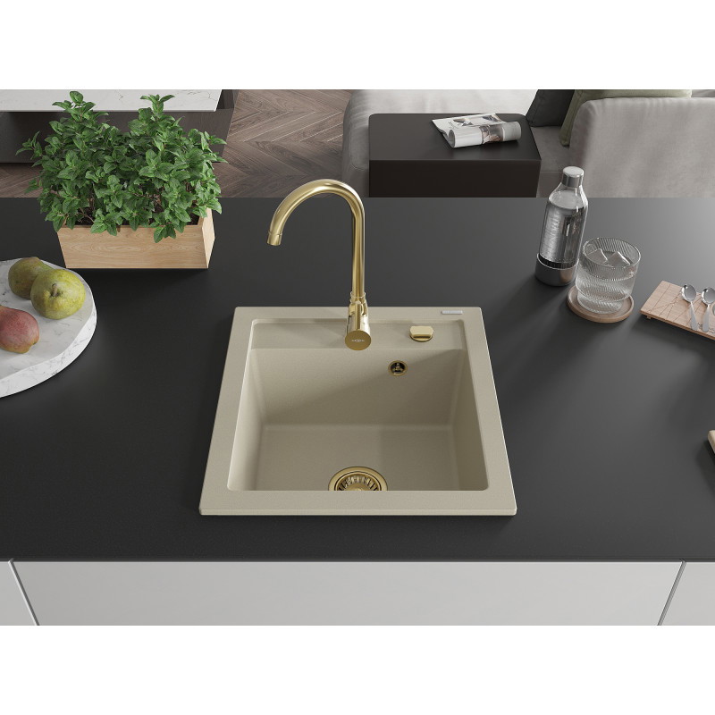Mexen Vito Granitspüle 1-Becken 520 x 490 mm, beige, Siphon gold - 6503521000-69-G