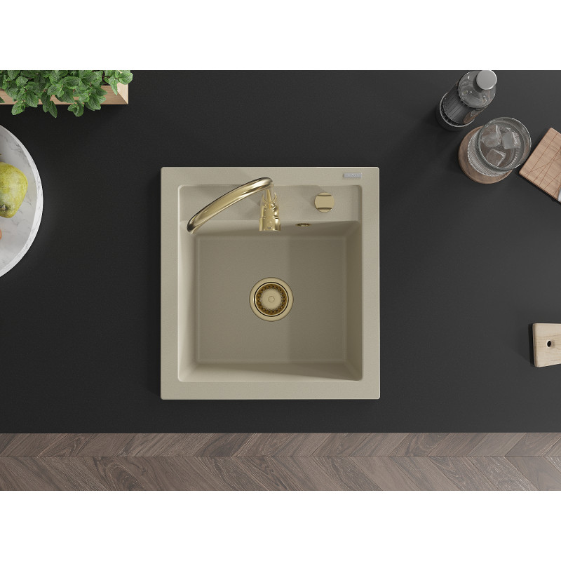 Mexen Vito Granitspüle 1-Becken 520 x 490 mm, beige, goldener Siphon - 6503521000-69-G