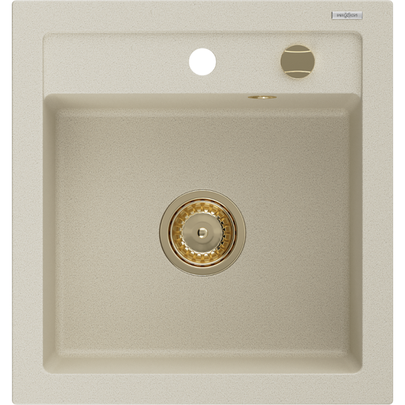 Mexen Vito Granitspüle 1-Becken 520 x 490 mm, beige, goldener Siphon - 6503521000-69-G