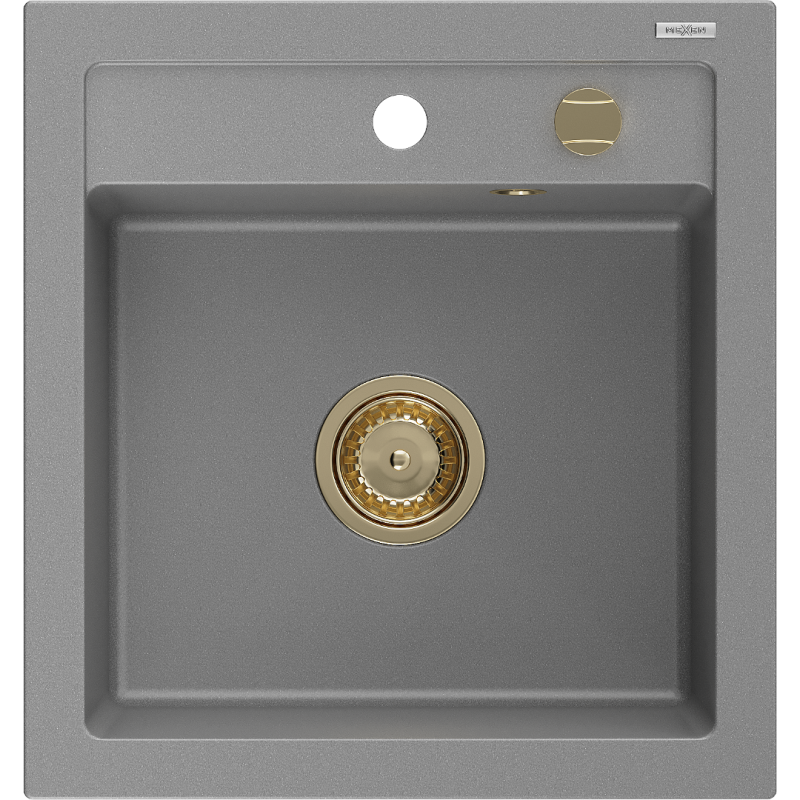 Mexen Vito Granitspüle 1-becken 520 x 490 mm, grau, goldener Siphon - 6503521000-71-G