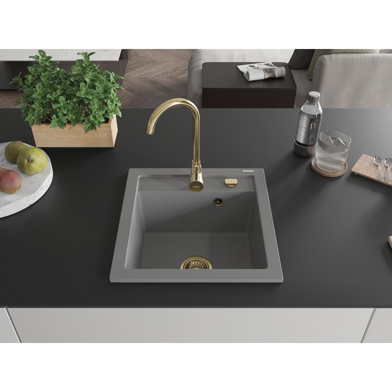 Mexen Vito Granitspüle 1-becken 520 x 490 mm, grau, goldener Siphon - 6503521000-71-G