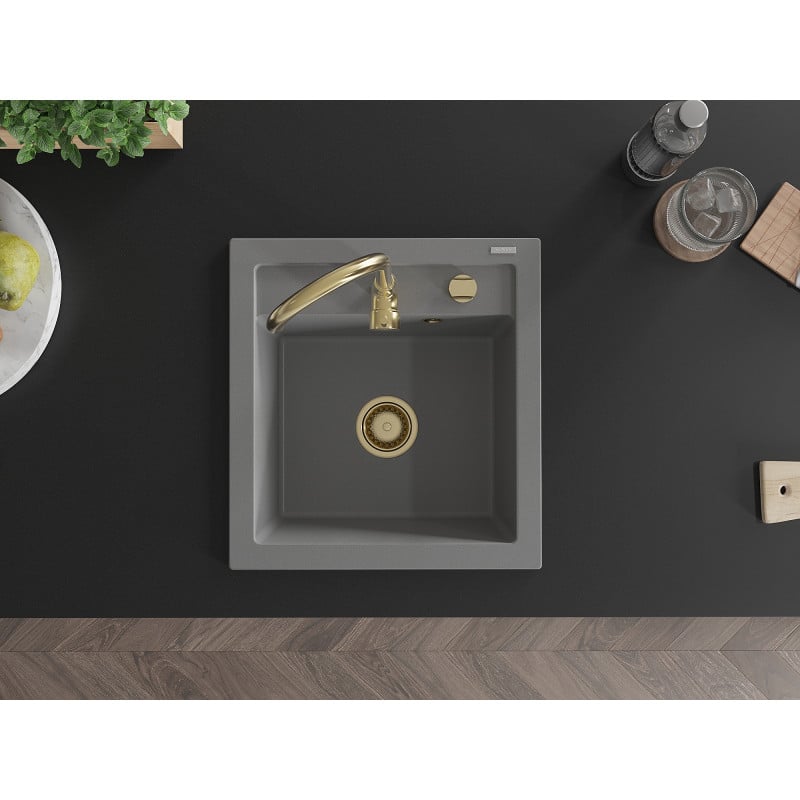 Mexen Vito Granitspüle 1-becken 520 x 490 mm, grau, goldener Siphon - 6503521000-71-G