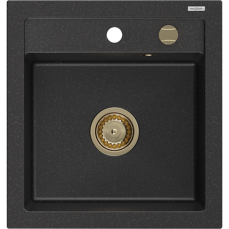 Mexen Vito Granitspüle 1-Becken 520 x 490 mm, schwarz/silber metallic, Siphon gold - 6503521000-73-G