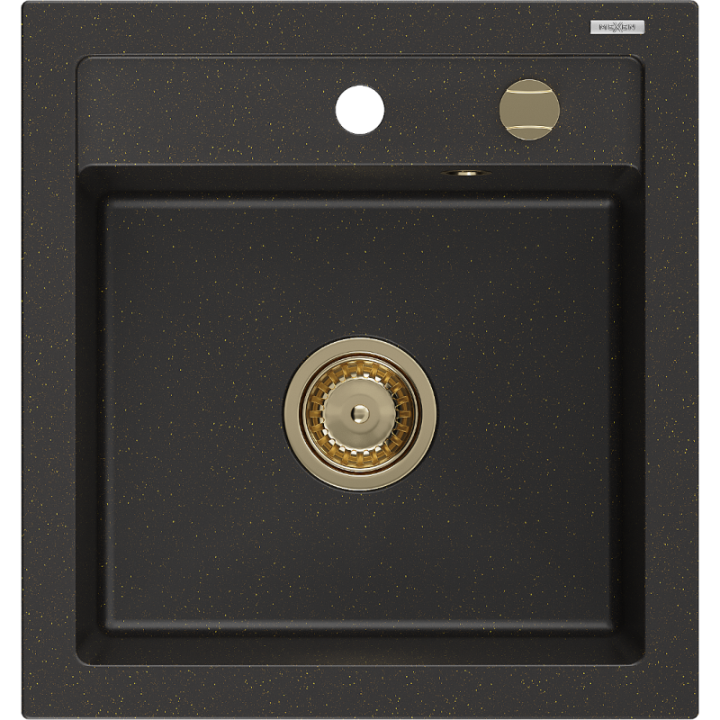 Mexen Vito Granitspüle 1-Becken 520 x 490 mm, schwarz/goldener Metallic, goldener Siphon - 6503521000-75-G