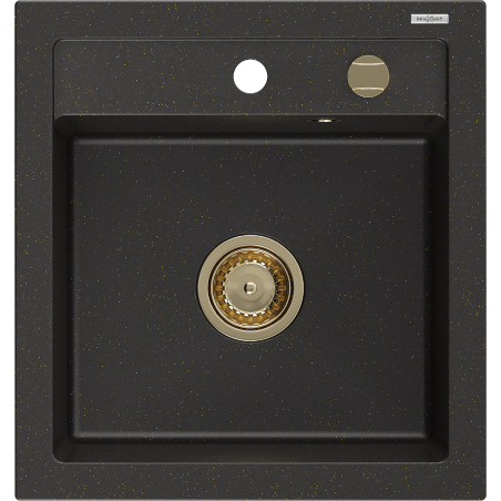 Mexen Vito Granitspüle 1-Becken 520 x 490 mm, schwarz/goldener Metallic, goldener Siphon - 6503521000-75-G
