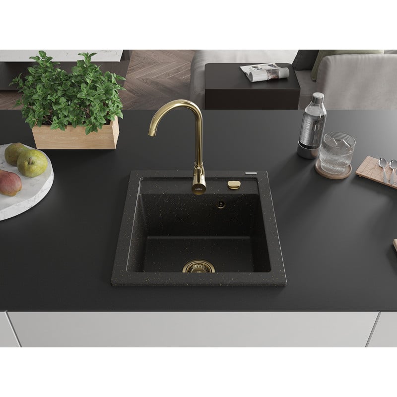 Mexen Vito Granit-Spüle 1-Becken 520 x 490 mm, schwarz/gold metallic, goldener Siphon - 6503521000-75-G