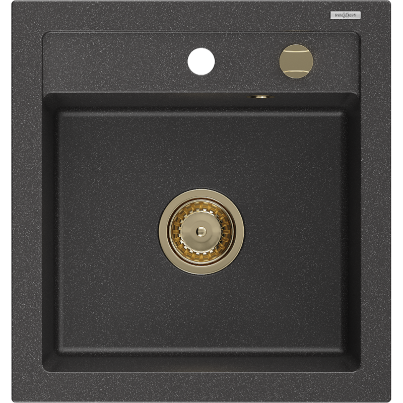 Mexen Vito Granitspüle 1-Becken 520 x 490 mm, schwarz gesprenkelt, goldener Siphon - 6503521000-76-G