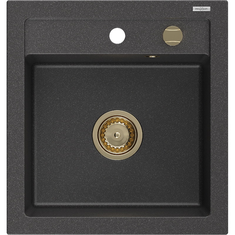 Mexen Vito Granitspüle 1-becken 520 x 490 mm, schwarz gesprenkelt, Siphon gold - 6503521000-76-G