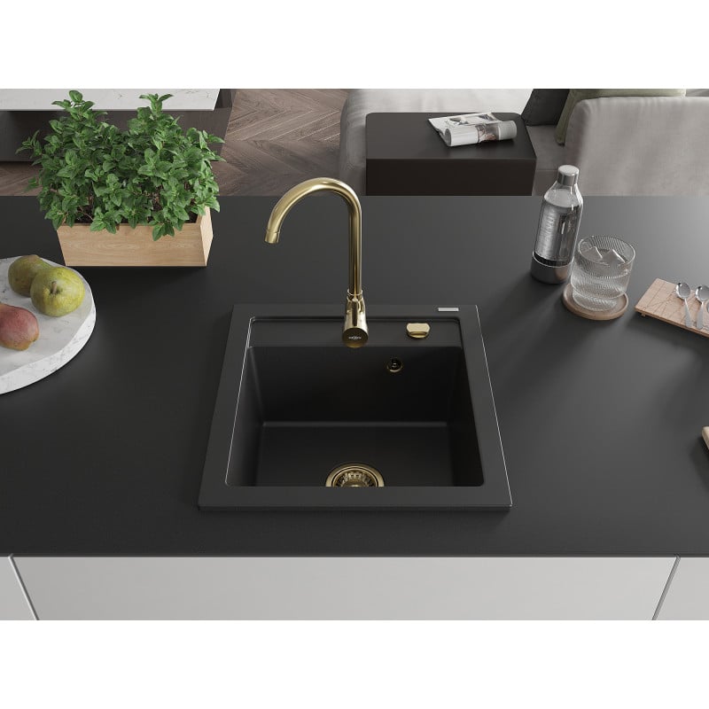 Mexen Vito Granitspüle 1-Becken 520 x 490 mm, schwarz, goldener Siphon - 6503521000-77-G