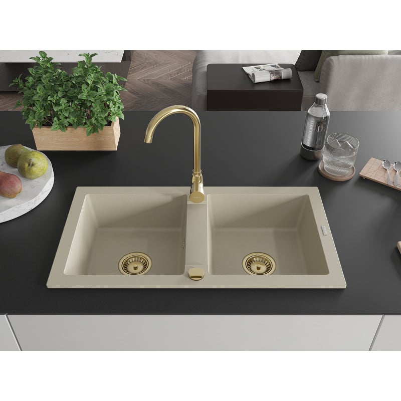 Mexen Mario Granitspüle 2-Kammer 820 x 436 mm, beige, goldener Siphon - 6504822000-69-G