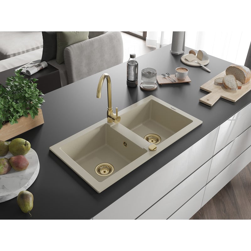 Mexen Mario Granitspüle 2-Kammer 820 x 436 mm, beige, goldener Siphon - 6504822000-69-G