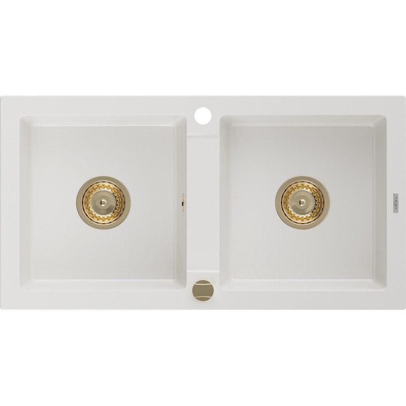 Mexen Mario Granitspüle 2-Kammer 820 x 436 mm, weiß, goldener Siphon - 6504822000-20-G