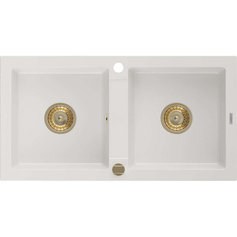 Mexen Mario Granitspüle 2-Kammern 820 x 436 mm, weiß, Siphon gold - 6504822000-20-G
