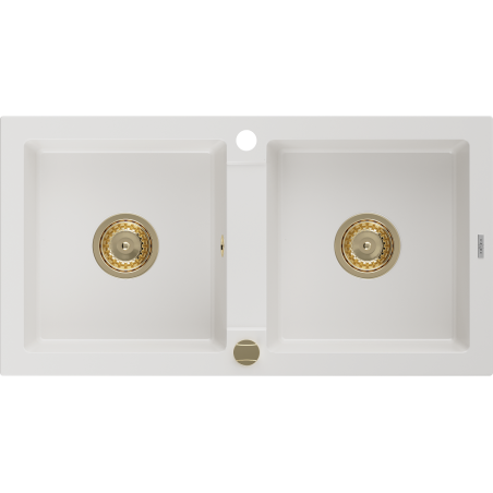 Mexen Mario Granitspüle 2-Kammer 820 x 436 mm, weiß, Siphon gold - 6504822000-20-G