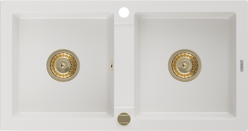 Mexen Mario Granitspüle 2-Kammer 820 x 436 mm, weiß, Siphon gold - 6504822000-20-G