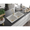 Mexen Mario Granitspüle 2-Kammer 820 x 436 mm, weiß, Siphon gold - 6504822000-20-G