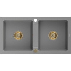 Mexen Mario 2-Becken-Granit-Spülbecken 820 x 436 mm, Grau, Siphon Gold - 6504822000-71-G