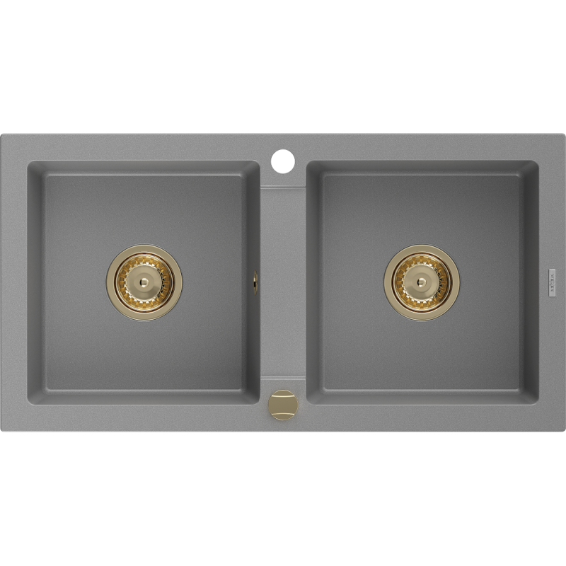 Mexen Mario Granitspüle 2-Kammer 820 x 436 mm, grau, Siphon gold - 6504822000-71-G