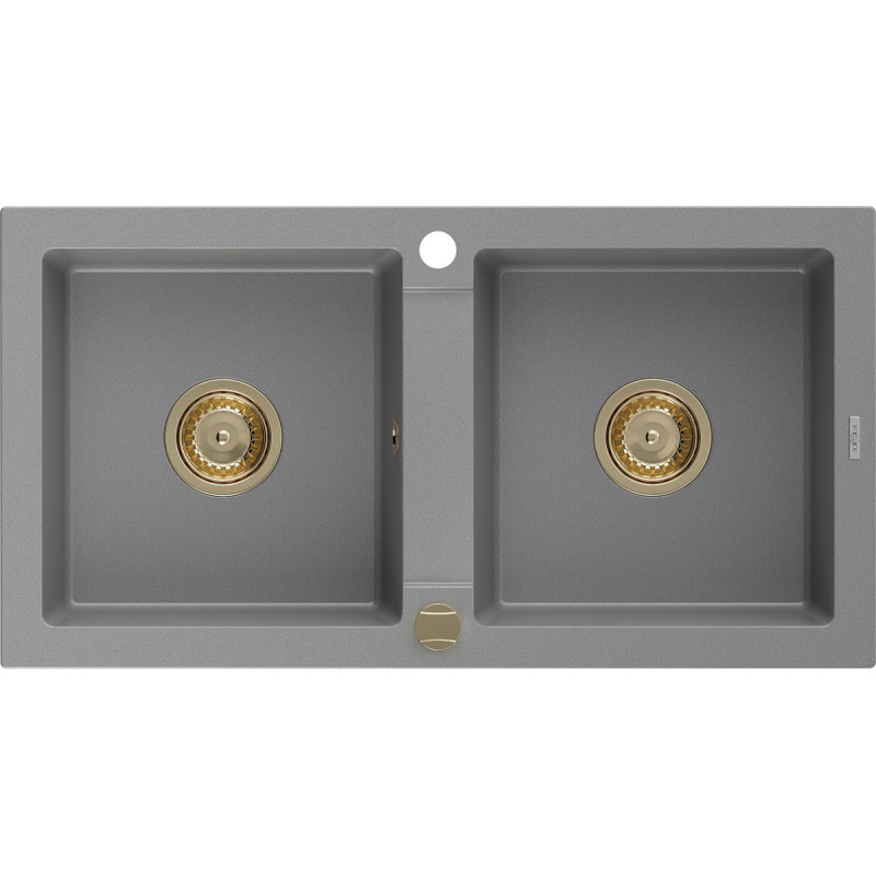 Mexen Mario Granitspüle mit 2 Becken 820 x 436 mm, grau, goldener Siphon - 6504822000-71-G