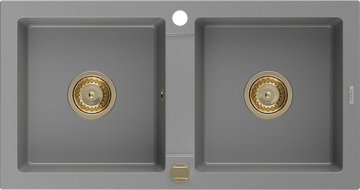Mexen Mario Granitspüle mit 2 Becken 820 x 436 mm, grau, goldener Siphon - 6504822000-71-G