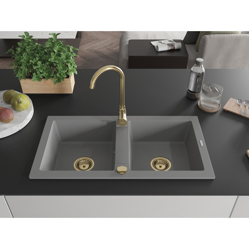 Mexen Mario Granitspüle 2-Kammer 820 x 436 mm, grau, goldener Siphon - 6504822000-71-G