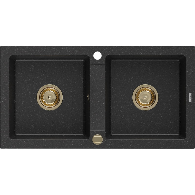 Mexen Mario Granitspüle 2-Kammer 820 x 436 mm, schwarz/silber metallic, goldener Siphon - 6504822000-73-G