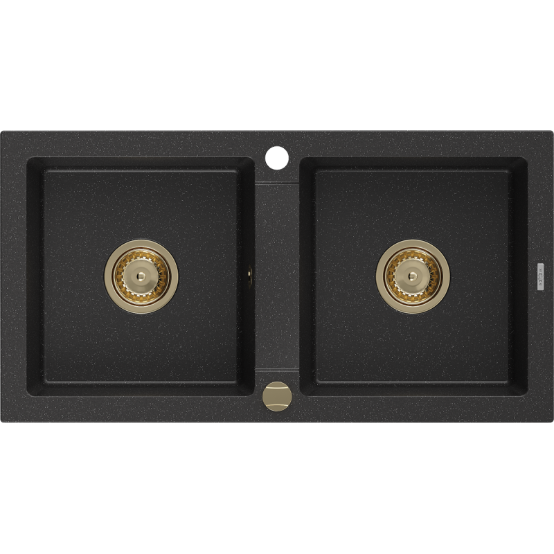 Mexen Mario Granitspüle 2-Kammern 820 x 436 mm, schwarz/silber metallic, Siphon gold - 6504822000-73-G