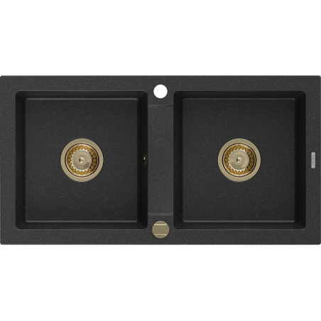 Mexen Mario Granitspüle 2-Kammern 820 x 436 mm, schwarz/silber metallic, goldener Siphon - 6504822000-73-G