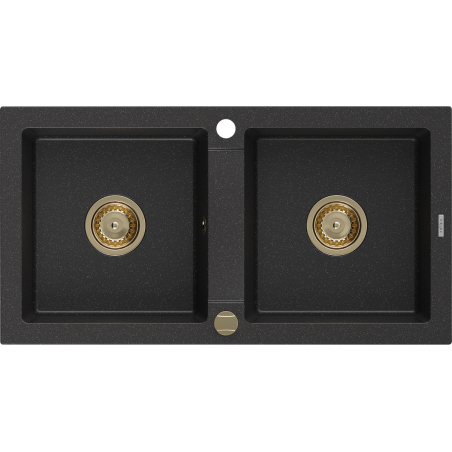 Mexen Mario Granitspüle 2-Kammern 820 x 436 mm, schwarz/silber metallic, Siphon gold - 6504822000-73-G