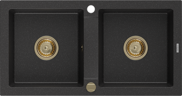 Mexen Mario Granitspüle 2-Kammern 820 x 436 mm, schwarz/silber metallic, Siphon gold - 6504822000-73-G