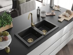 Mexen Mario Granitspüle 2-Kammern 820 x 436 mm, schwarz/silber metallic, Siphon gold - 6504822000-73-G