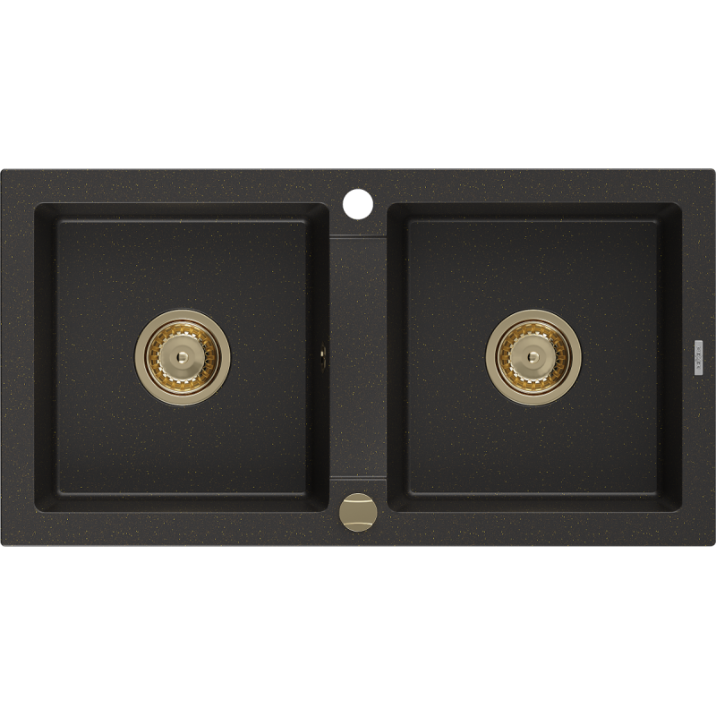 Mexen Mario Granitspüle 2-Kammer 820 x 436 mm, schwarz/gold metallic, goldener Siphon - 6504822000-75-G