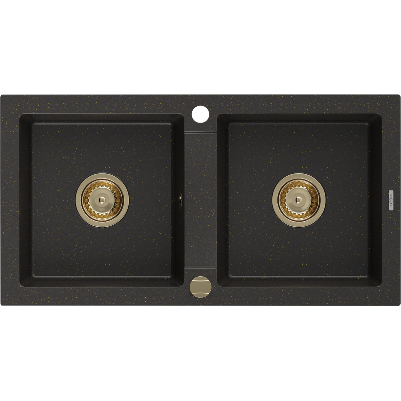 Mexen Mario Granitspüle 2-Kammer 820 x 436 mm, schwarz/goldener Metallic, goldener Siphon - 6504822000-75-G