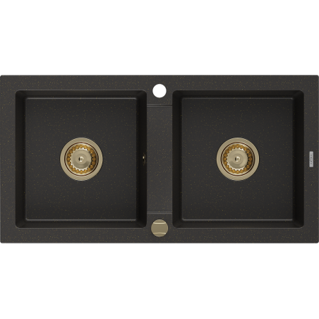 Mexen Mario Granitspüle 2-Kammer 820 x 436 mm, schwarz/gold metallic, goldener Siphon - 6504822000-75-G