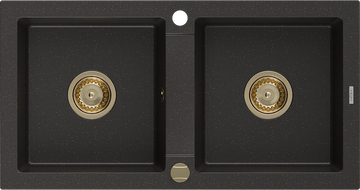 Mexen Mario Granitspüle 2-Kammer 820 x 436 mm, schwarz/goldener Metallic, goldener Siphon - 6504822000-75-G