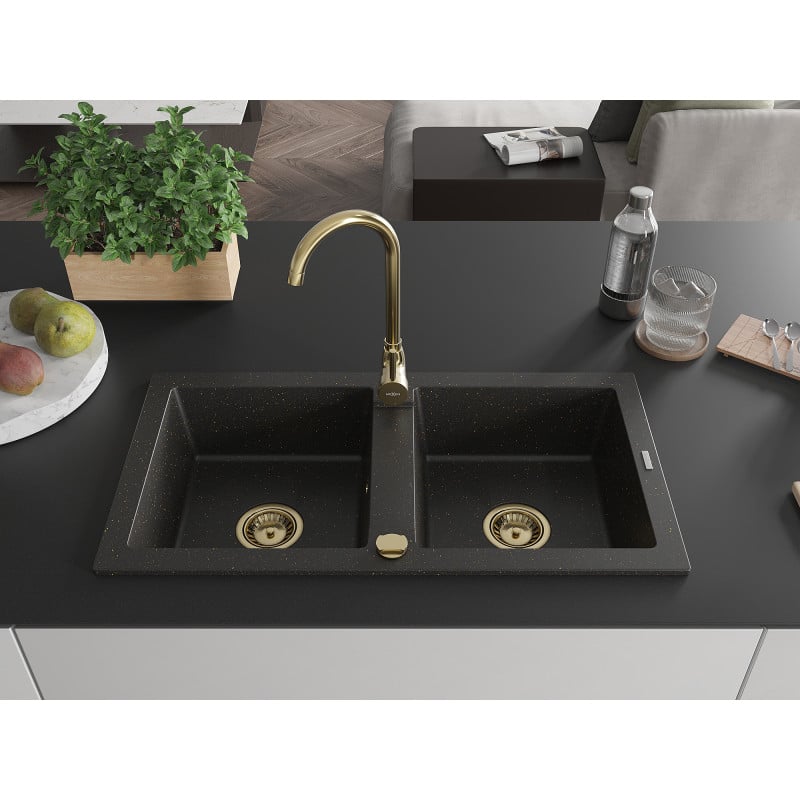 Mexen Mario Granitspüle 2-Kammer 820 x 436 mm, schwarz/goldener Metallic, goldener Siphon - 6504822000-75-G