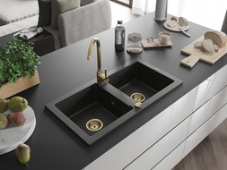 Mexen Mario Granitspüle 2-Kammer 820 x 436 mm, schwarz/goldener Metallic, goldener Siphon - 6504822000-75-G