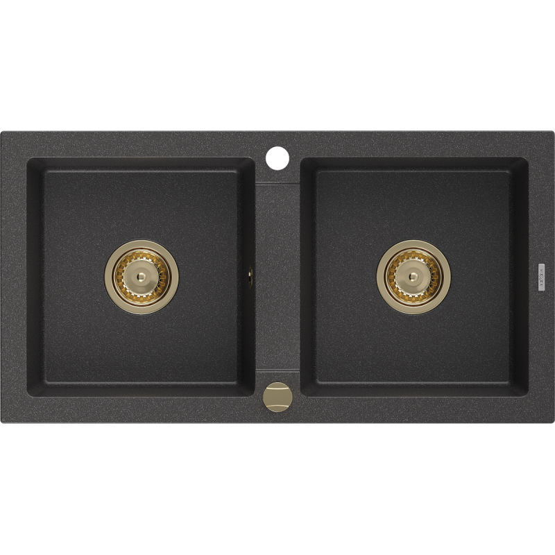 Mexen Mario granitspüle 2-kammer 820 x 436 mm, schwarz gesprenkelt, goldener siphon - 6504822000-76-G