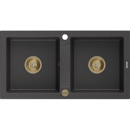 Mexen Mario granitspüle 2-kammer 820 x 436 mm, schwarz gesprenkelt, goldener siphon - 6504822000-76-G