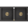 Mexen Mario Granitspüle 2-Becken 820 x 436 mm, schwarzer Sprenkel, goldener Siphon - 6504822000-76-G