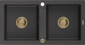 Mexen Mario Granitspüle 2-Kammer 820 x 436 mm, schwarz gesprenkelt, goldener Siphon - 6504822000-76-G