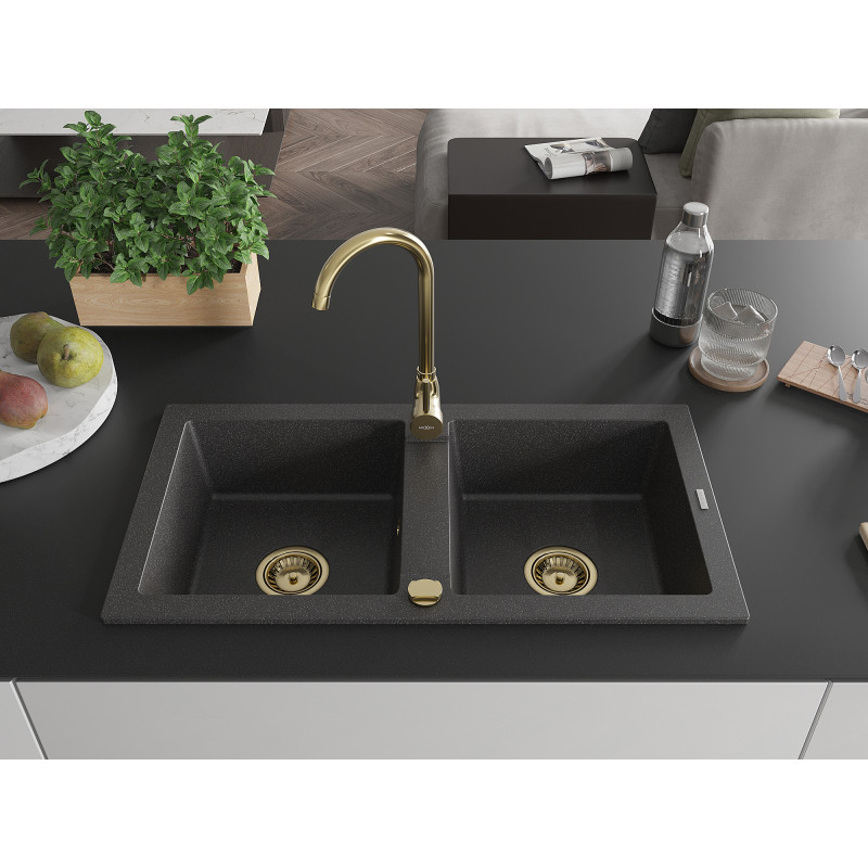 Mexen Mario granitspüle 2-kammer 820 x 436 mm, schwarz gesprenkelt, goldener siphon - 6504822000-76-G