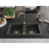 Mexen Mario granitspüle 2-kammer 820 x 436 mm, schwarz gesprenkelt, goldener siphon - 6504822000-76-G