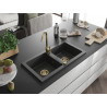 Mexen Mario Granitspüle 2-Becken 820 x 436 mm, schwarzer Sprenkel, goldener Siphon - 6504822000-76-G