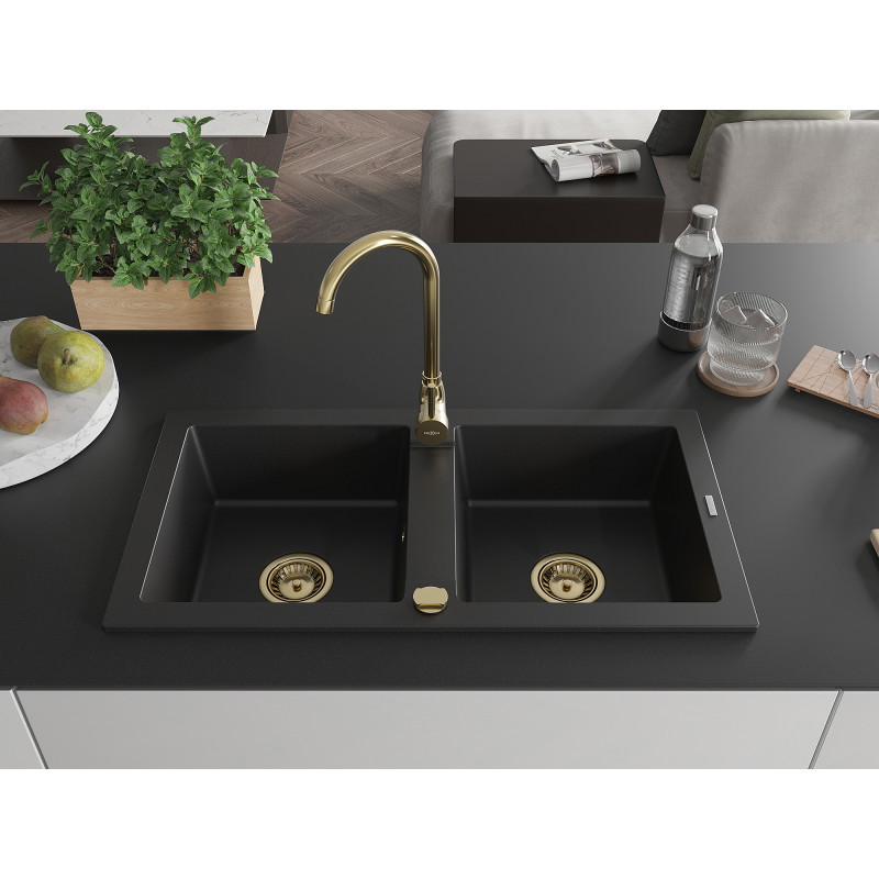 Mexen Mario Granitspüle 2-Kammer 820 x 436 mm, schwarz, goldener Siphon - 6504822000-77-G
