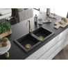 Mexen Mario Granitspüle 2-Kammer 820 x 436 mm, schwarz, goldener Siphon - 6504822000-77-G